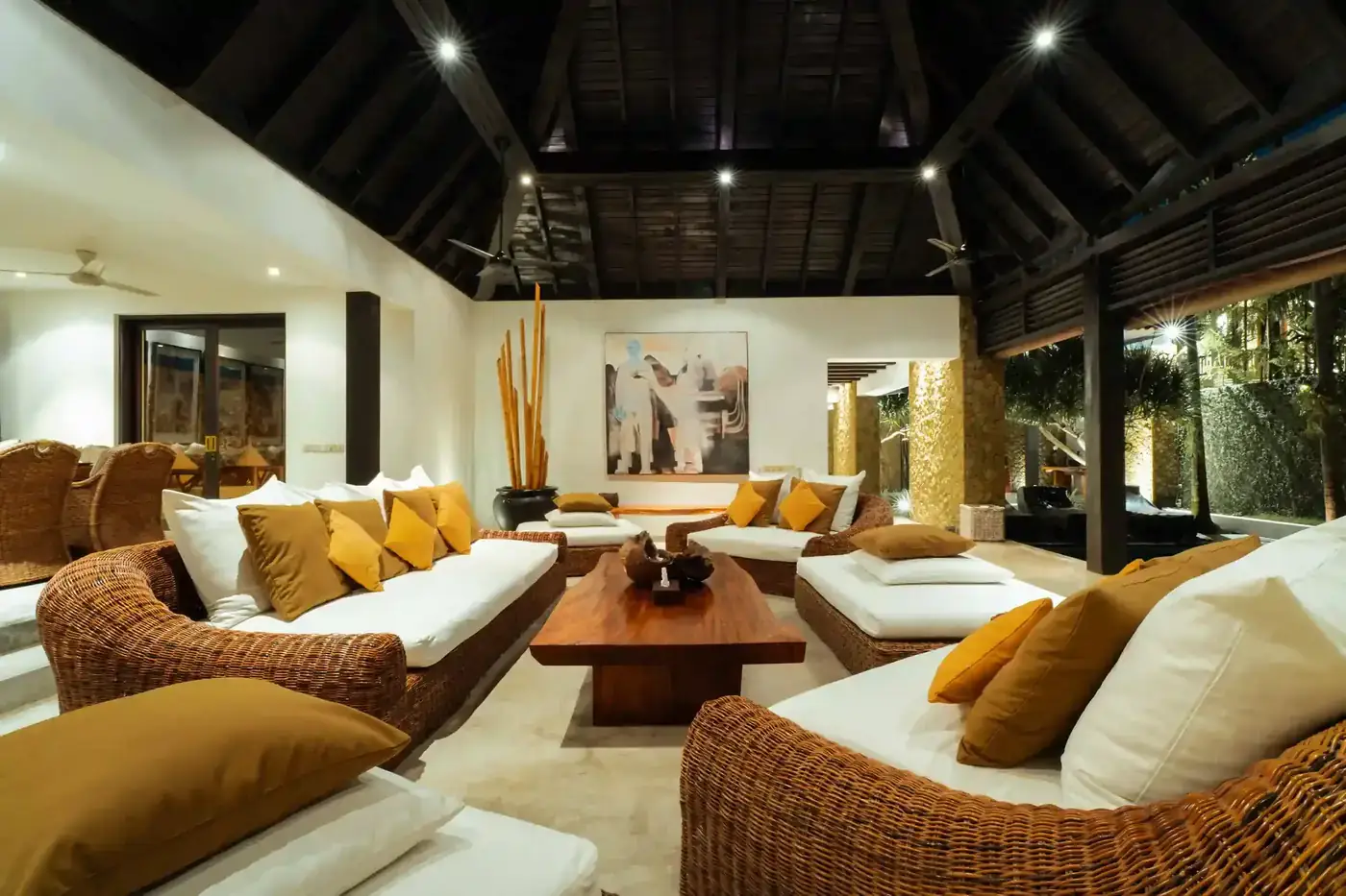Open-air living room of a private luxury villa in Bali