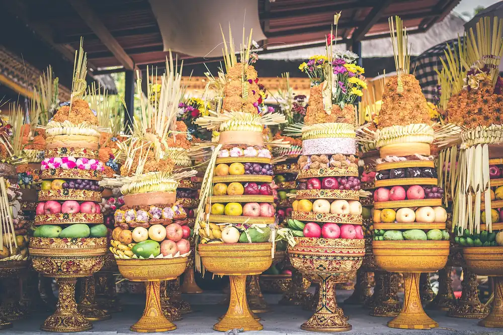 Traditional Balinese offerings prepared for a temple ceremony