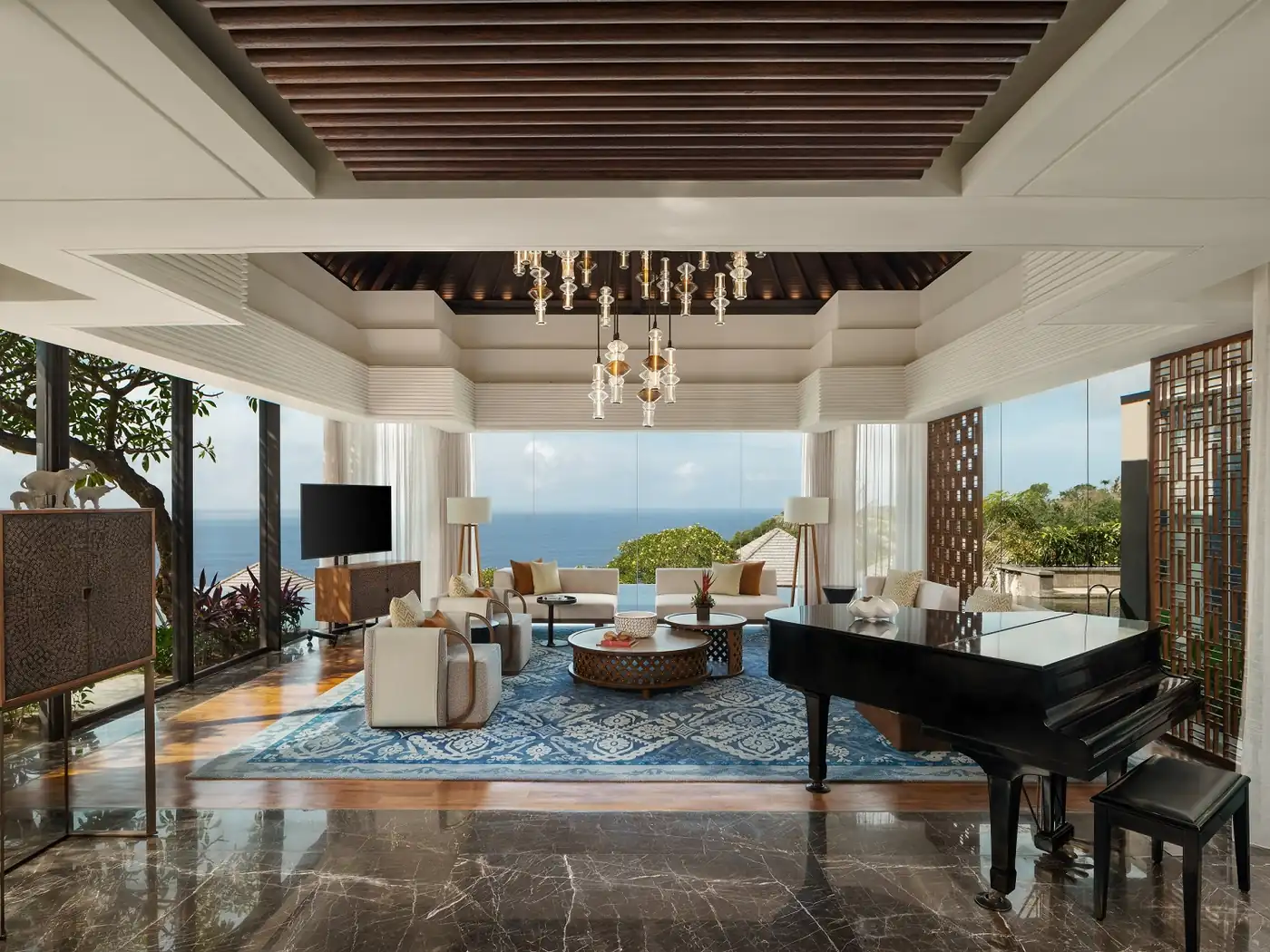 Living room of a luxury residence in Bali with ocean view