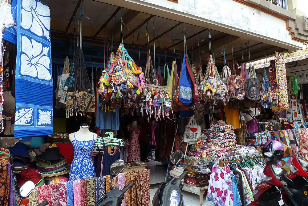 Handicraft and textile stalls at a Bali market