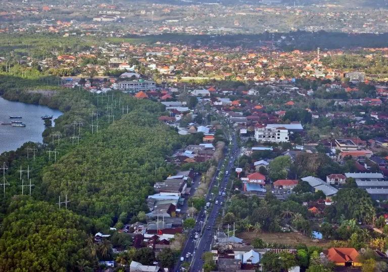 Aerial view of streets and traffic in Denpasar
