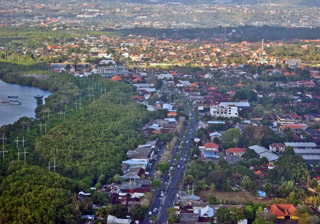 Aerial view of streets and traffic in Denpasar