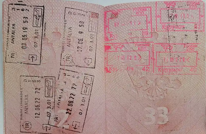 Passport pages filled with entry stamps